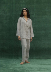 LaRosa Summer Slumber Green Stripes cotton nightwear set with vertical stripe print shirt and trousers.